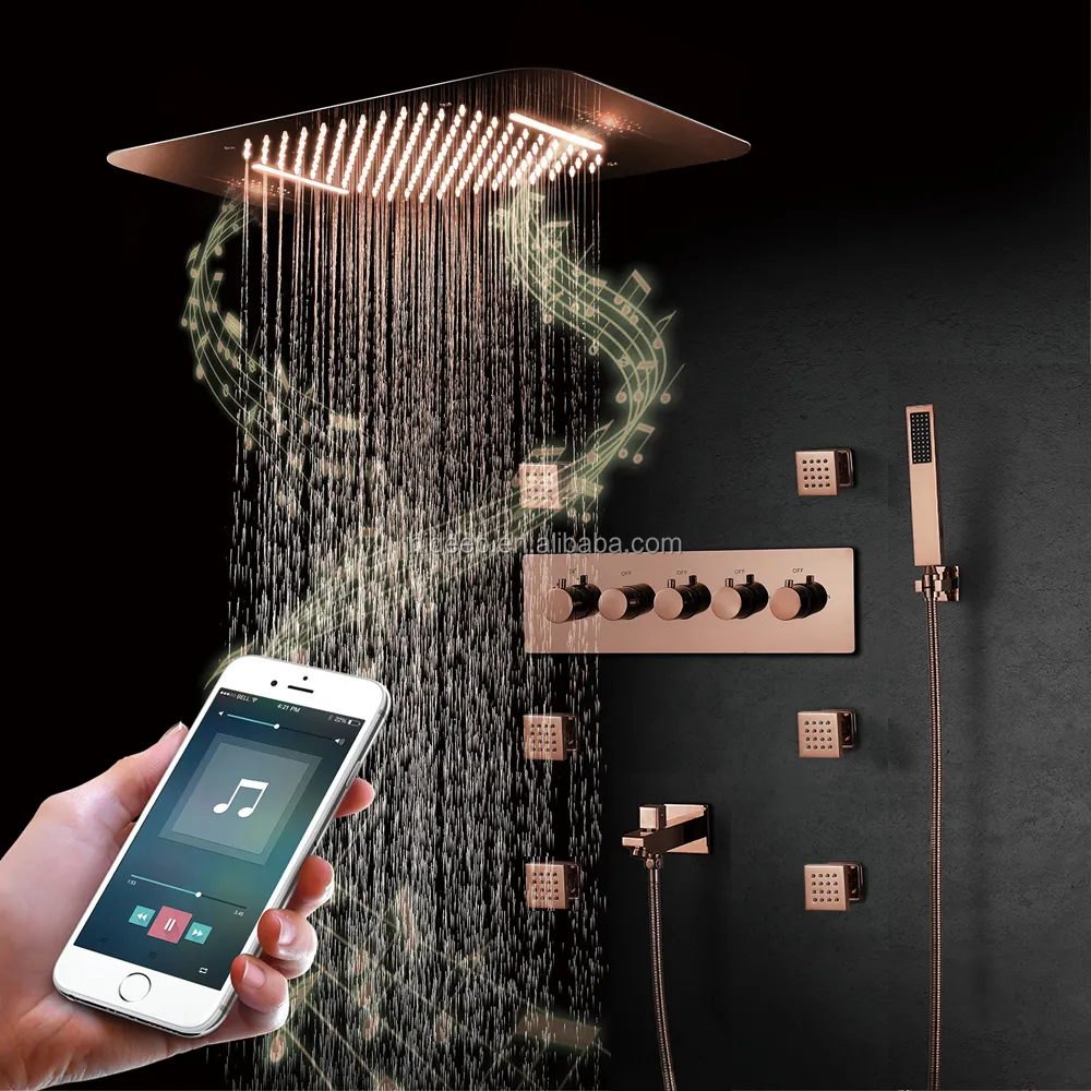 Oro rosa 58*38cm della parete montato termostatico LED bagno doccia rubinetto set con sistema di musica