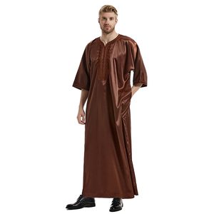 Nuovo arrivo medio oriente uomini musulmani raso manica lunga abito ricamato tinta unita marocchino Daffah Thobe - Product Image 5