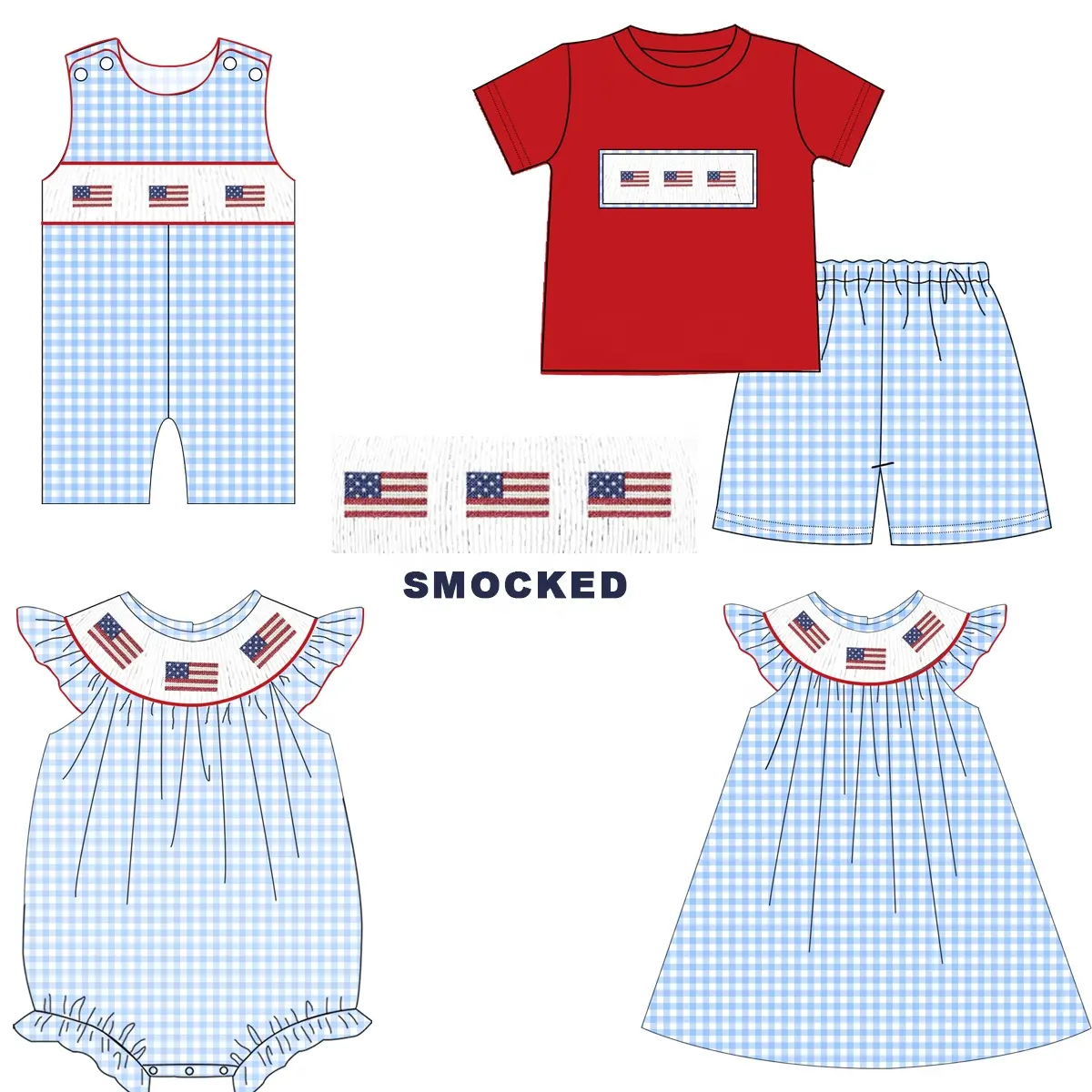 Low Moq New Style Smocking Kleid 4. Juli Smocked Girls Dress