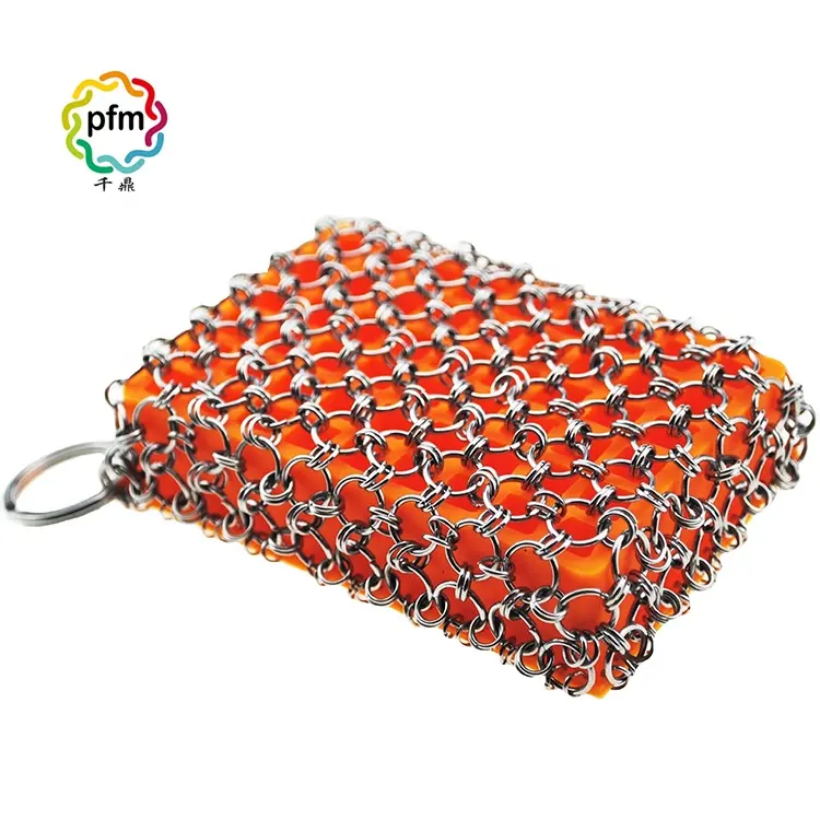 Hot product 304 316 316L stainless steel chainmail scrubber with silicone brush sponge ring wire mesh cast iron cleaner