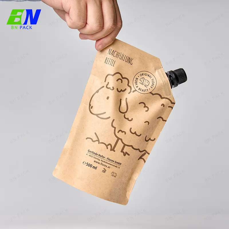 Custom Printed Eco Friendly Biodegradable Recyclable Refill Foil Stand Up Waterproof Liquid Kraft Paper Bags Spout Pouch