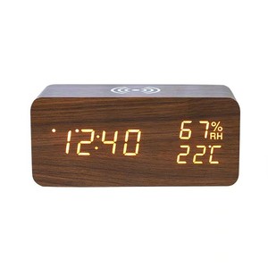 Modische Bambus-LED-Anzeige Elektronischer Wecker Nachtlicht Digitale Schreibtisch uhr mit kabellosem quadratischem Lade muster