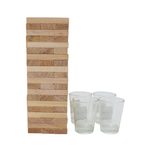 Torre de madera que cae Juego de fiesta apilable 60 bloques con tareas divertidas y comandos entretenidos con 4 vasos de vidrio Juego de beber