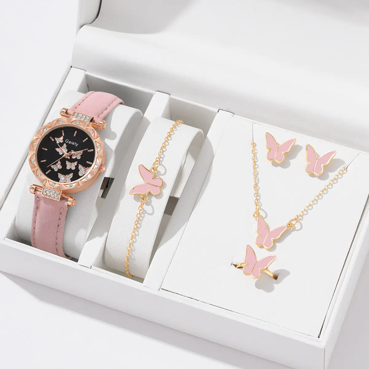 Orologi da donna con cinturino in pelle e 5 pezzi con collana a farfalla Set di gioielli