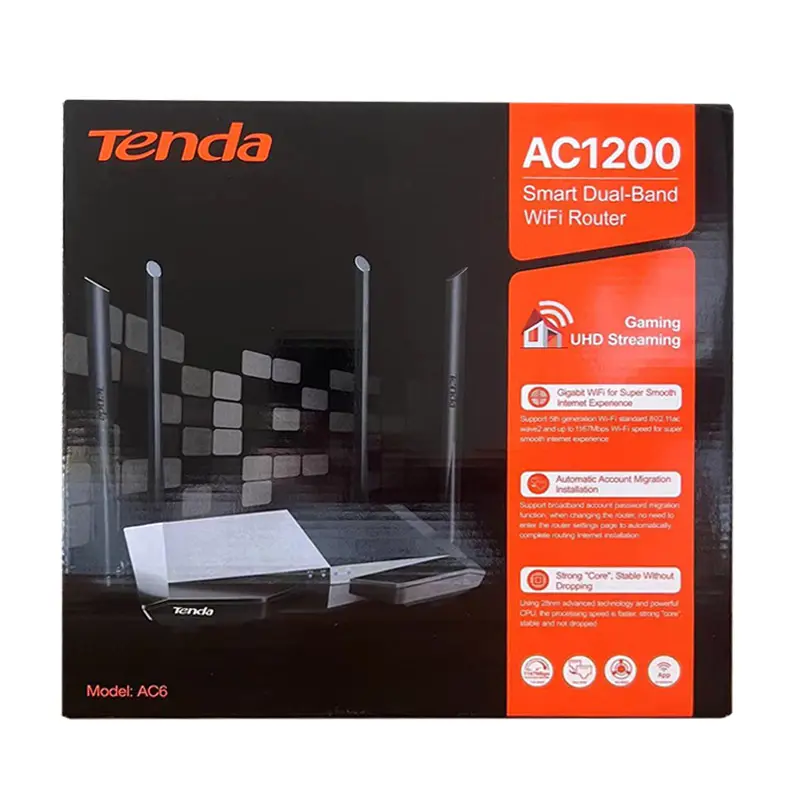 نسخة عالمية من راوتر Tenda طراز AC6 وخاصية WiFi طراز AC1200 بسرعة عالية 5 جيجاهرتز وخاصية الإنترنت اللاسلكي MU-MIMO ويتميز بتشكيل شعاع بنظام غطاء طويل المدى أصلي وحديث