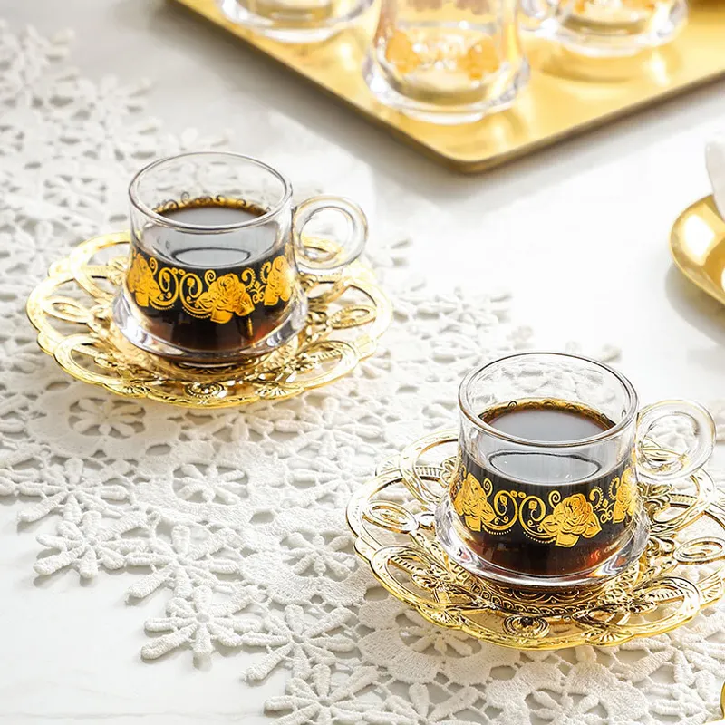 Turkish Tea Cup And Saucer Set Bulk Glass Espresso Coffee Cups And Saucers With Gold Decor