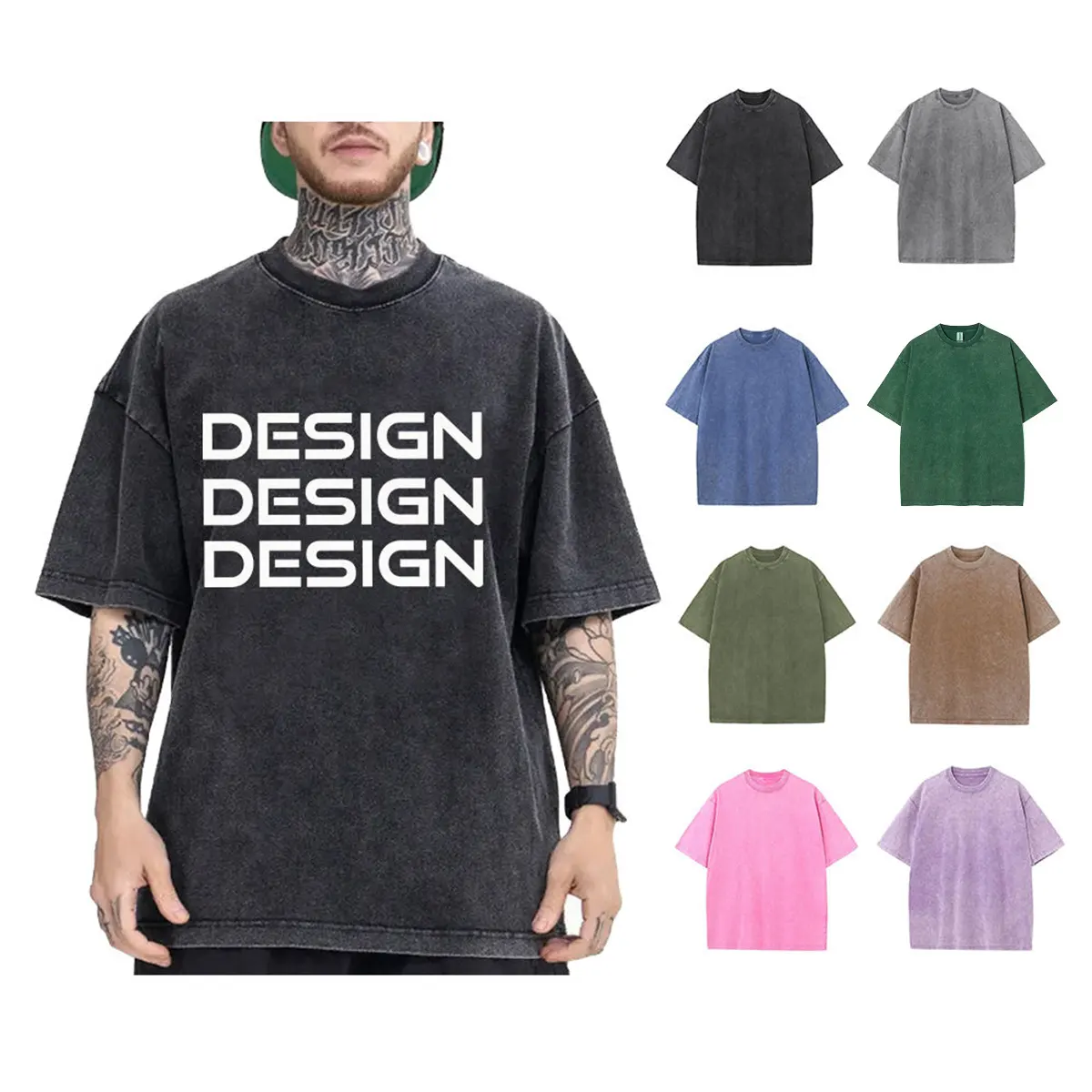 Camiseta personalizada de corte y costura 100% de algodón con estampado gráfico de peso pesado, lavado con ácido de lejía, camiseta Vintage de talla grande para hombre