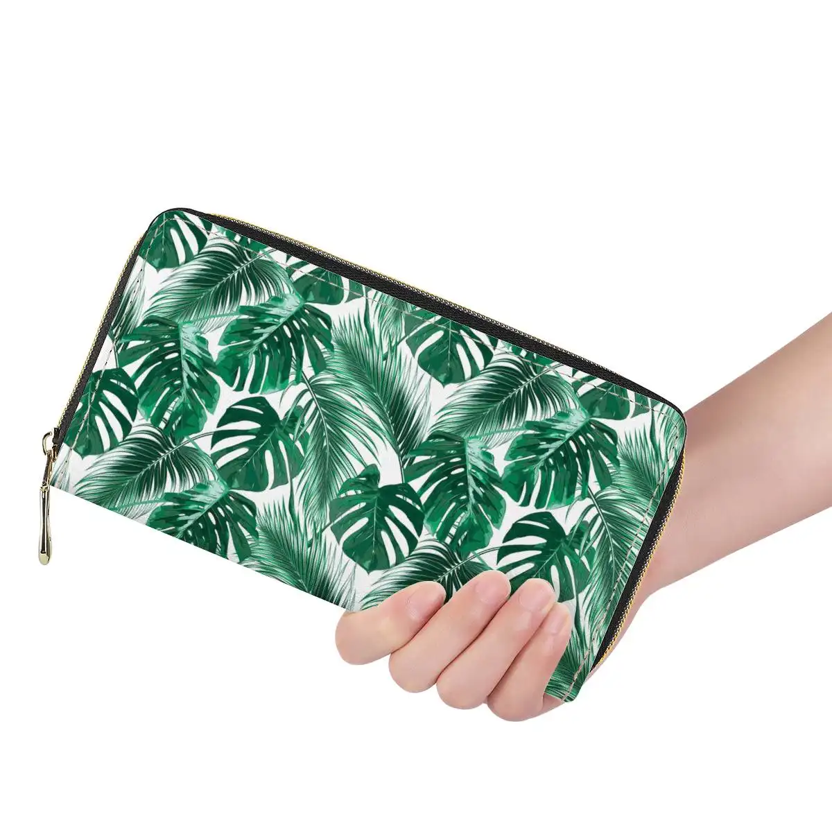 Billetera de cuero con hojas verdes para mujer, cartera femenina de alta calidad con hebillas delicadas, monedero con estampado de logotipo personalizado, venta al por mayor