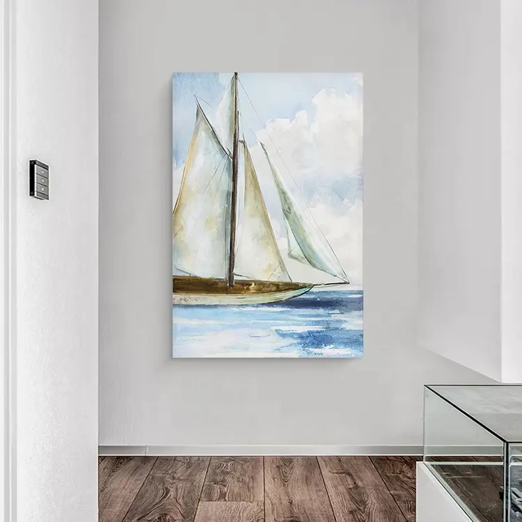Pintura al óleo clásica, lienzo estirado con vista al mar, navegación