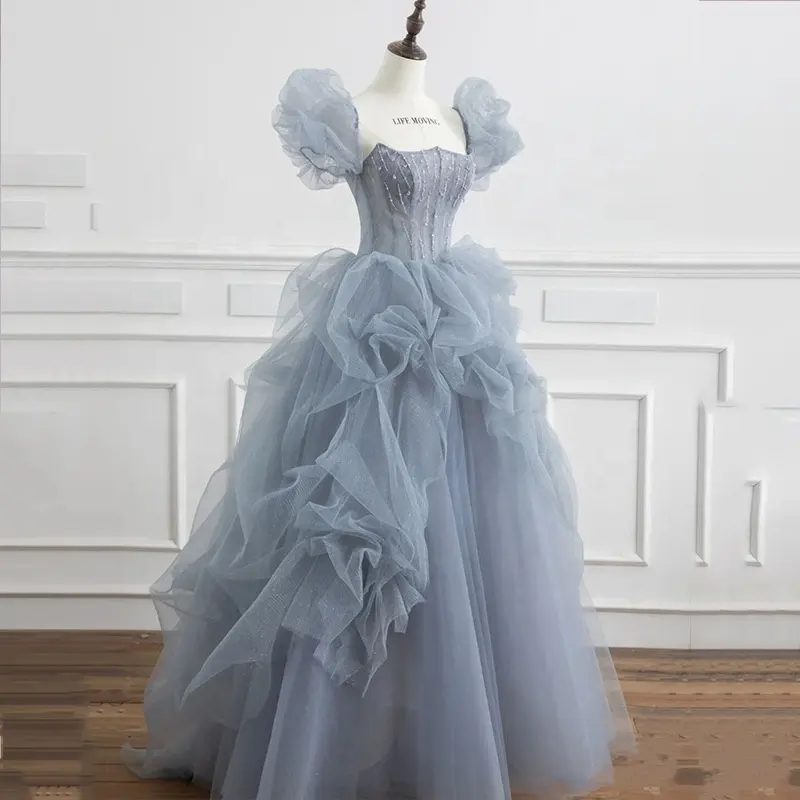 Vestido de fiesta azul polvoriento con cuentas, brillante, para graduación, Quinceañera de Hada, vestidos de boda para dama de honor, vestidos de noche