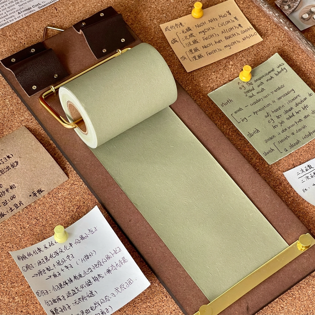 Tabla con rollo de papel verde té.