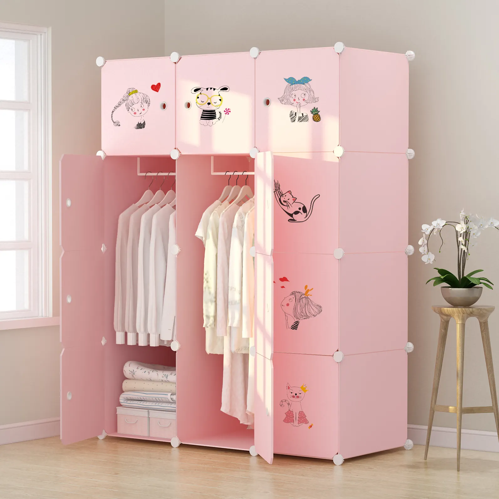 Armoire de rangement en plastique moderne rose pour chambre à coucher meubles de maison pour enfants