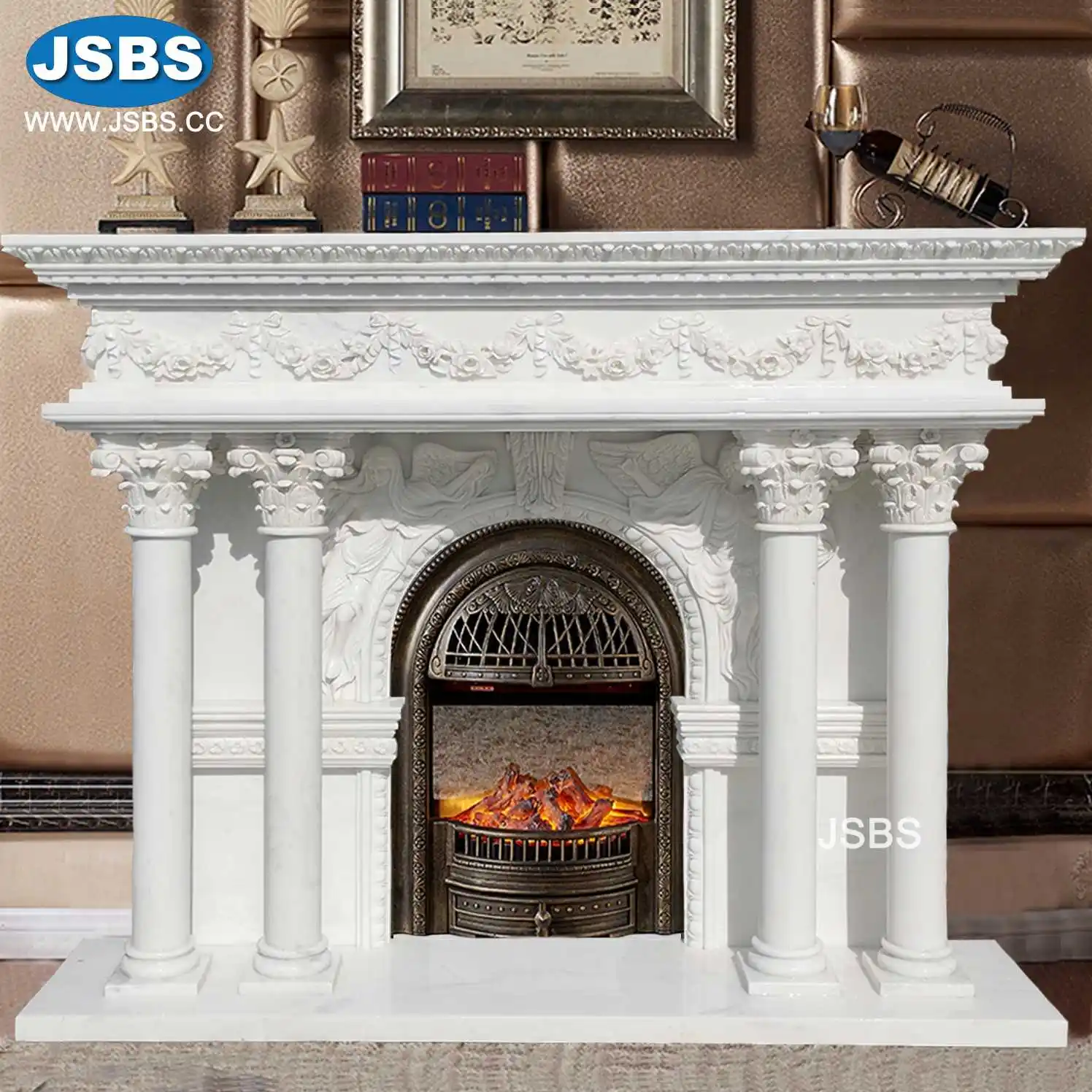 Kamin mantel de piedra envolvente para chimenea, columna de mármol decorativa arqueada