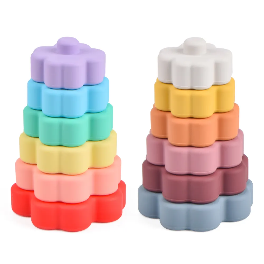 Ensemble de blocs de construction éducatifs pour enfants, sans BPA, cadeau sensoriel Montessori, anneau de dentition en Silicone arc-en-ciel, jouet à empiler