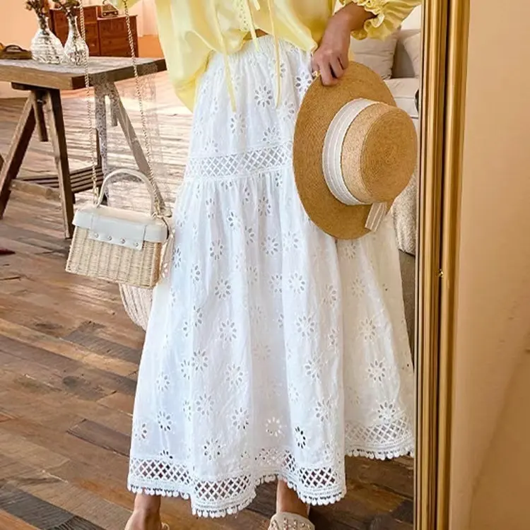 New Korea Style Women Custom Summer Vacation Skirt 100% Cotton Embroider Long Elegant Skirt Women Maxi Skirt
