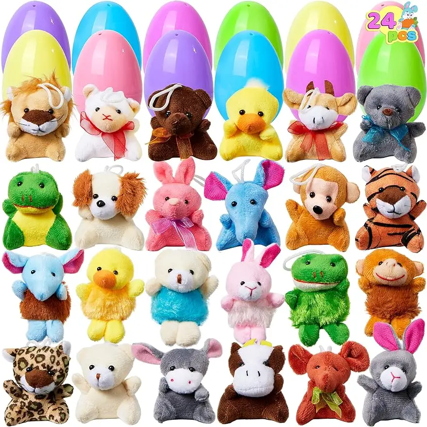 JOYIN 24 Pack Prefilled Easter Eggs of Mini Stuffed Animal Plush Toys Easter Baster Stuffer for Kids Easter Egg Hunt
