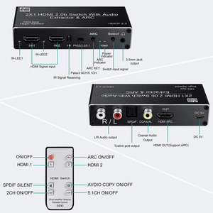 4K 2x1 HDMI2.0b <strong>Switch</strong> <strong>2</strong> <strong>Input</strong> <strong>1</strong> <strong>Output</strong> 4K@120Hz Switcher Box with ARC Remote Optical Toslink SPDIF+Coaxial+Analog RCA Audio