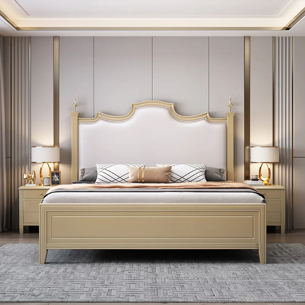 Nouveaux modèles de lit de luxe de style américain Mobilier de chambre à coucher en bois Lit double queen size en cuir