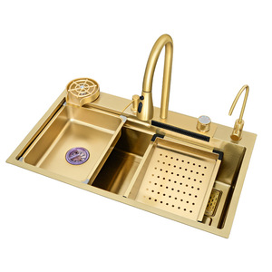 MCBKRPDIO tek kase akıllı mutfak lavabo el yapımı Modern kare tasarım şelale özelliği ile altın paslanmaz çelik SUS malzeme - Product Image 4