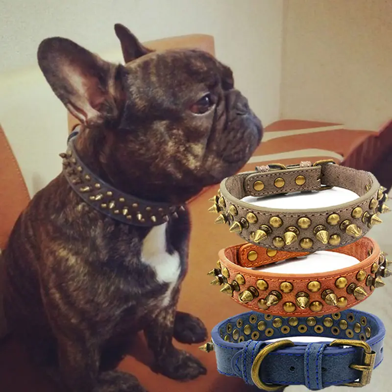 French Bulldog Pitbull Dogs Collar Retro Golden Rivet Studded Leather Pet Collar for Small Medium Large Dogs