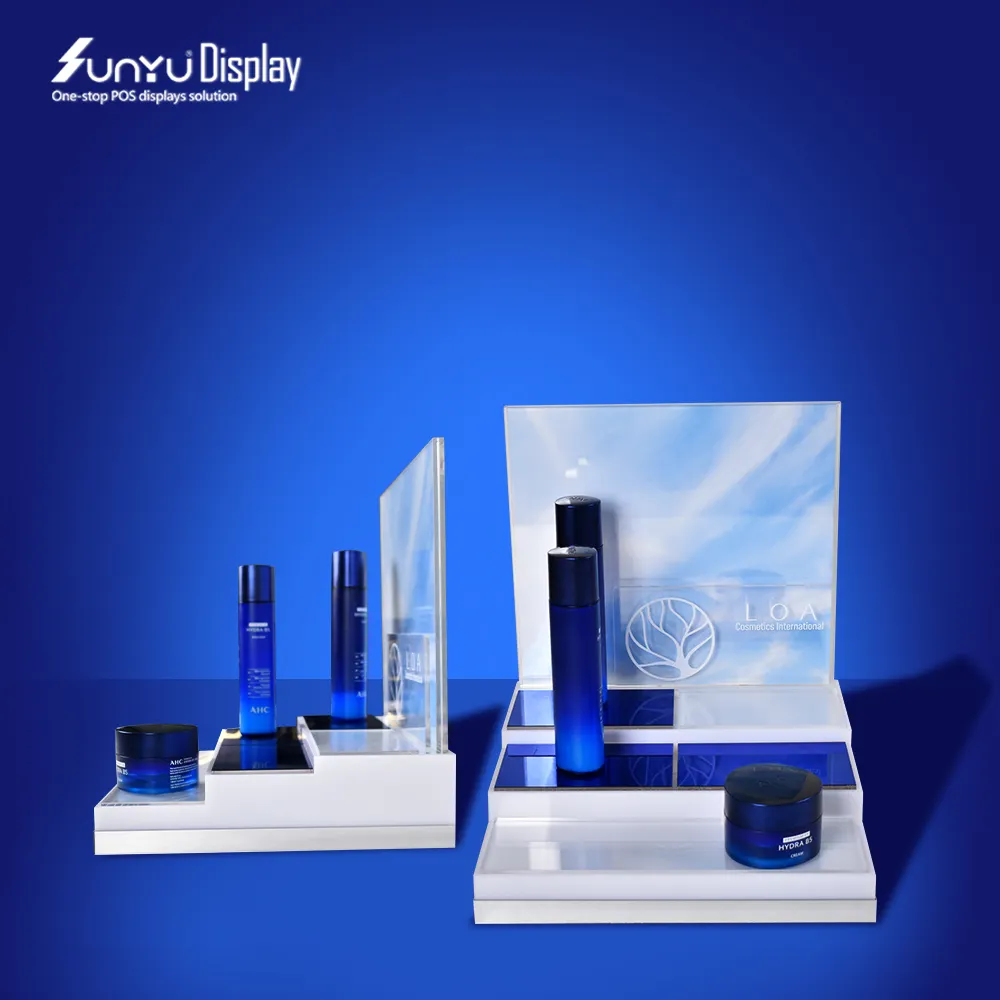 Design personalizado Cosméticos Maquiagem Beleza Display Stand 3 Tier Acrílico display Stand Com Luz LED