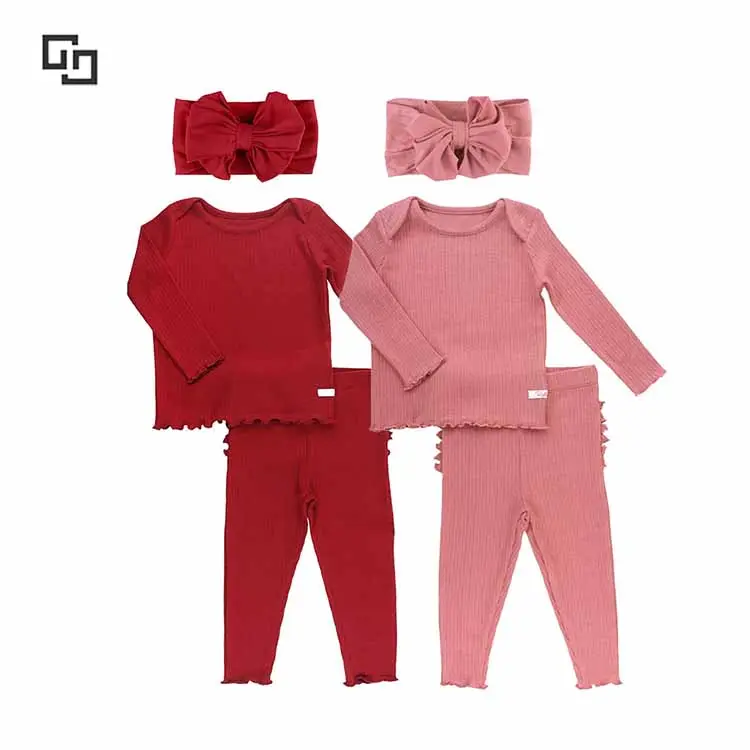 Custom Baby Girls Sleepwear With Bow 2 Pcs Solid Bamboo Baby Pajamas