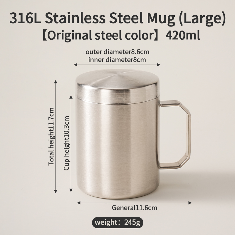 316L Stainless Steel Mug (Original Steel Color, Large Size)