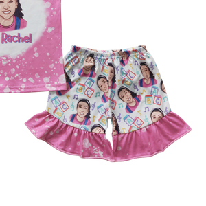 GSSO0265 Boutique Toddler Girls Outfit Sets Factory Price <strong>Ms</strong>. Rachel Character Bleached pink Short Sleeved Printed Lace Shorts