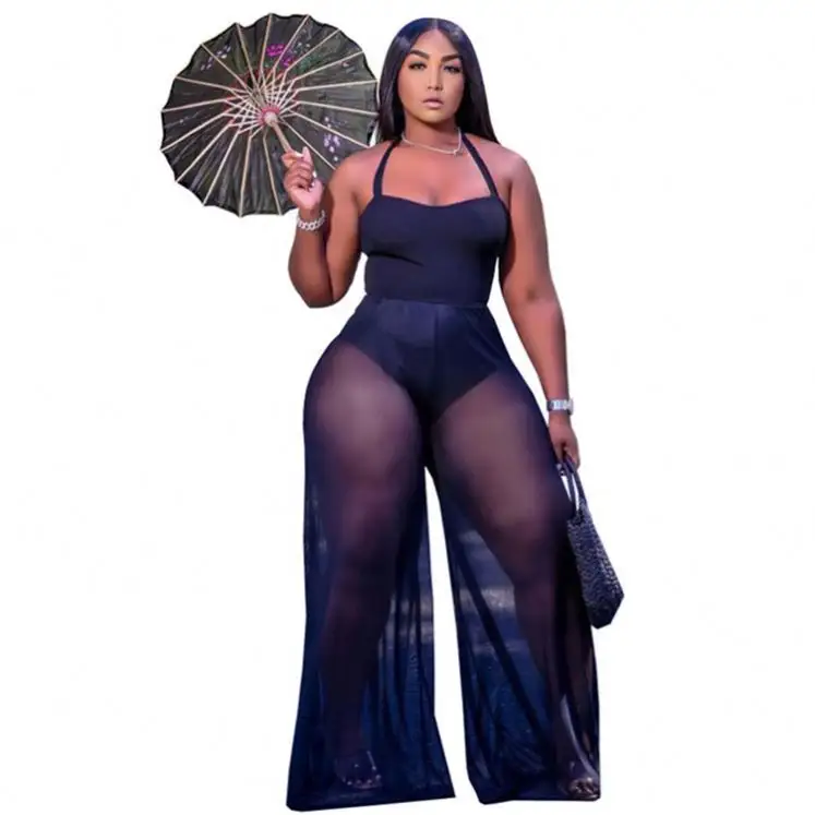 2021 Fashion pure color double fabric stitching band type hanging neck jumpsuit romper plus size women clothing