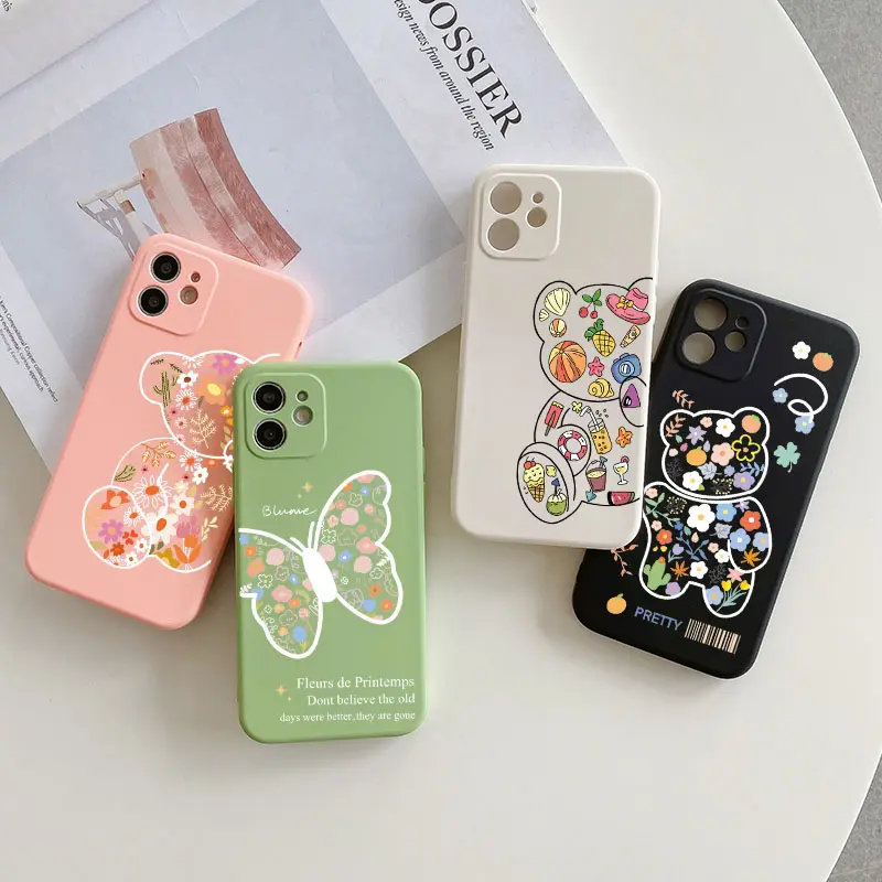 Mignon petit motif d'ours floral frais coque de téléphone en gel de silice liquide pour iPhone 13 14Pro Max couverture arrière antichoc
