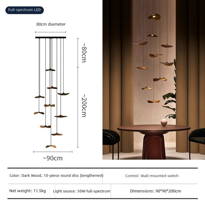 Lampe à 10 têtes couleur bois foncé (diamètre 80cm), corps de lampe de 2,8m de haut, 25.