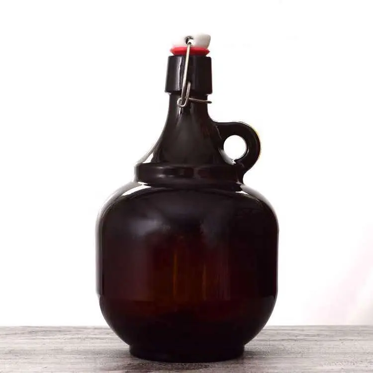 Bouteille en verre grande âmbar 1000ml garrafas de vinho 1 2 litro galão jarro de cerveja growler cerveja garrafa de vinho de vidro com fivela de metal