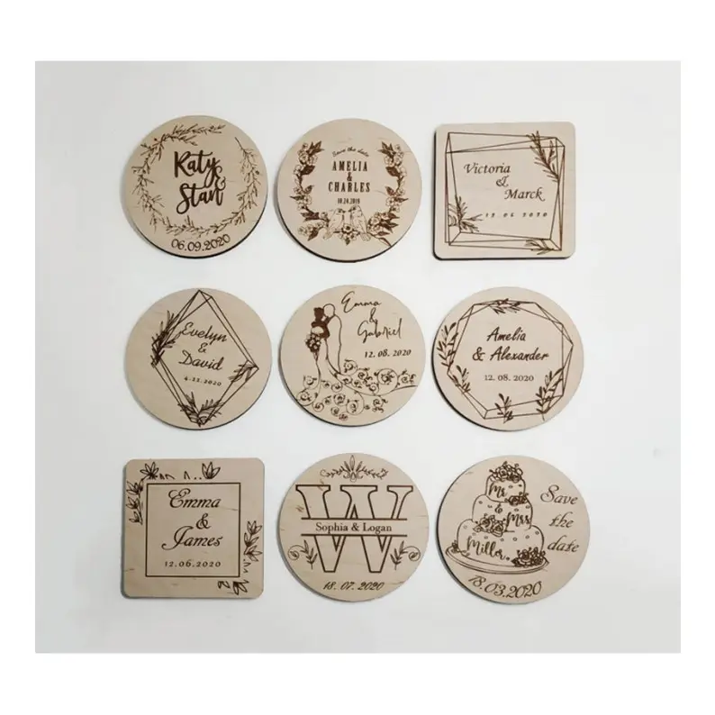 Personalizado personalizado gravador a laser de madeira casamento favores bebida coasters copo mat redondo quadrado madeira cerveja vinho chá café coasters