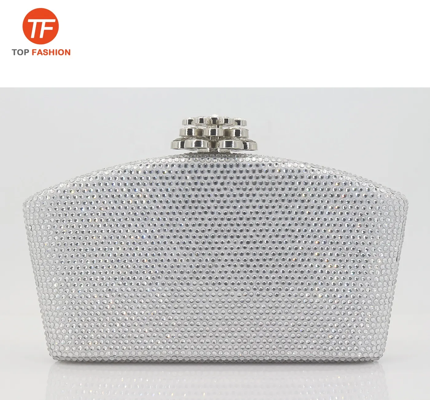 Fábrica al por mayor de diamantes de imitación de cristal caja de embrague con diamante flor broche de plata bolso de noche para fiesta de boda