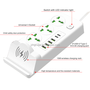 工厂价格批发通用电源板，3个带usb-a和usb-c + 无线充电架的插座，延长线插座