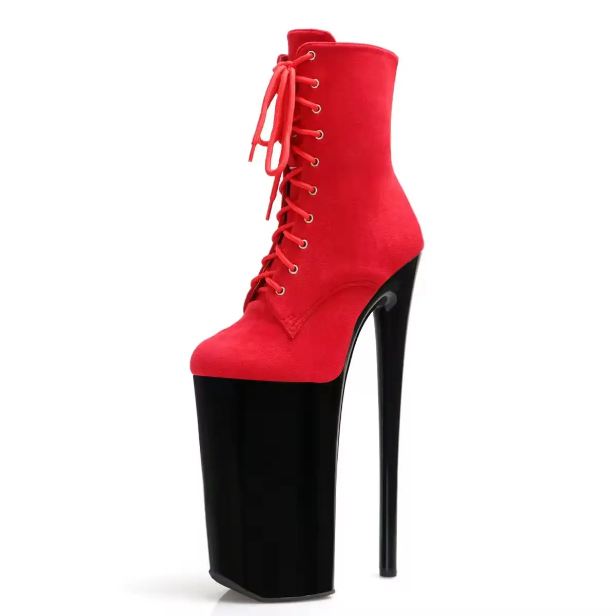 10inch-26cm Round Toe Red Flock Lace Up Ankle Boots Women's Strip Pole Dance Fashion Queen Exotic Dancer Sexy Fetish Shoes Model