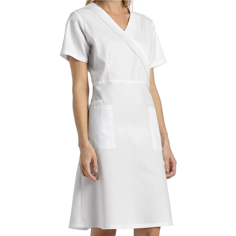 Vestido de manga curta com design personalizado, vestido uniforme de enfermeira pescoço cruz