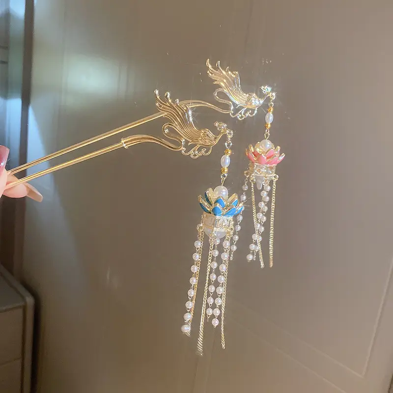 Antiguo Phoenix Lotus Pearl cadena borla palillos para el cabello Hanfu palillos para el cabello boda fiesta peinado diseño herramientas regalos para mujeres