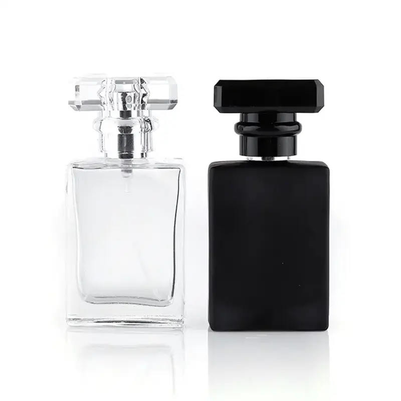 Atomizador de perfume cuadrado de botella de spray de cristal de lujo negro claro personalizado