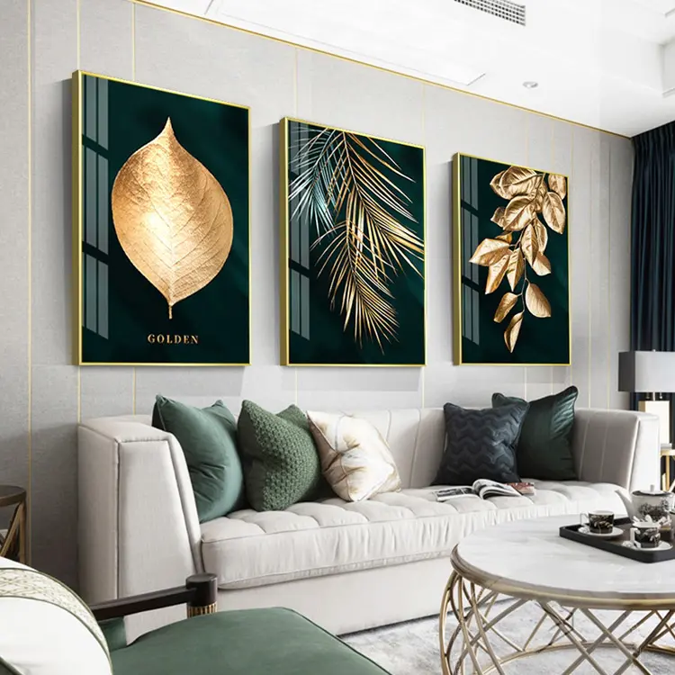 Pintura Decorativa abstracta para decoración del hogar, arte de hojas doradas personalizado para pared, Hotel, venta al por mayor