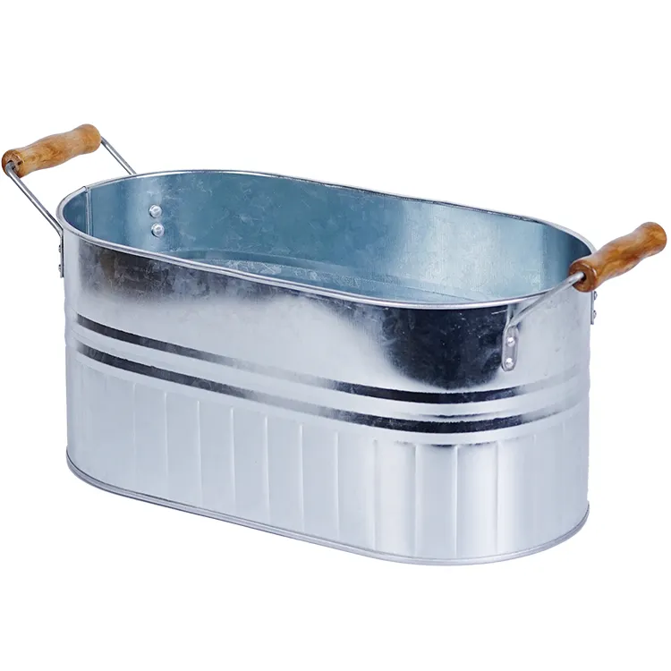 Outdoor Ice Bucket Ovale Form Benutzer definiertes Logo Zink Metall Eimer, Kühler & Halter mit Holzgriff Poly Bag 33*17,5*15hcm 0,51