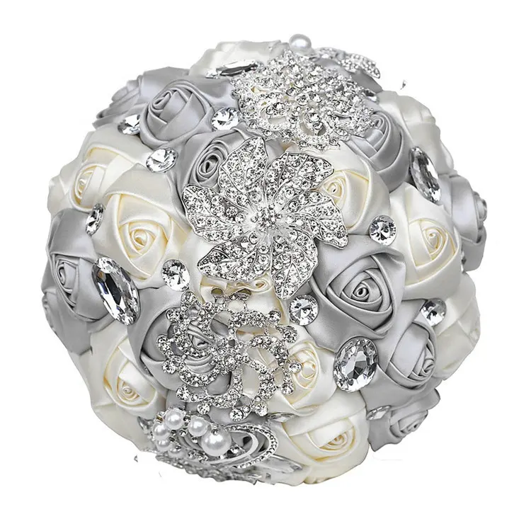 Bouquet da sposa artificiale di alta qualità legato a mano in seta con fiore di rosa bianca da sposa