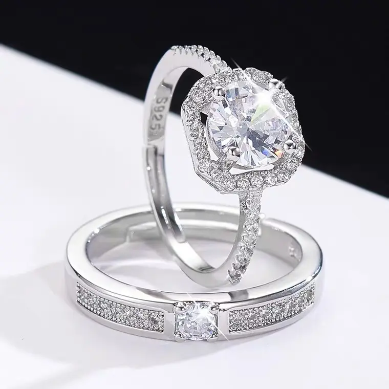 Cincin pasangan berlapis perak, cincin berlian Pasangan bisa disesuaikan terbuka, cincin pernikahan Platinum untuk set pasangan dan pertunangan