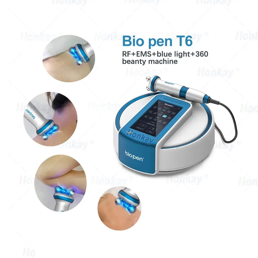 قلم التدليك الجديد Bio Pen T6 360 Rolling Rf التدليك بالوهير الكهروميكانيكي يعمل بالضوء الأزرق جهاز تدفق لاسلكي صغير الحجم لعلاج بالهواء الطبيعي