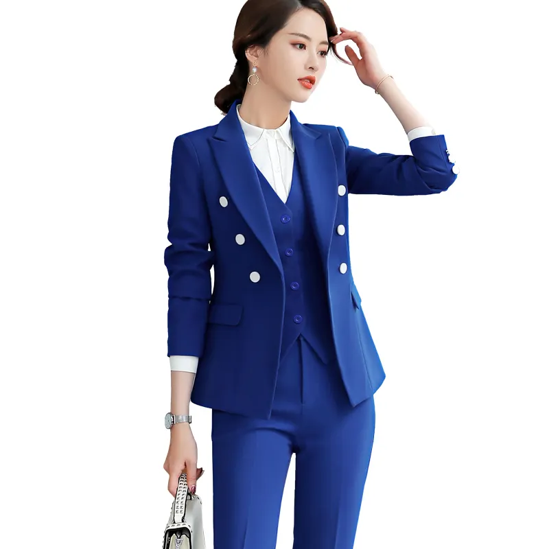 Conjunto de 3 peças de terno formal feminino, estilo blazer e calça slim, uniforme para escritório, 3 peças