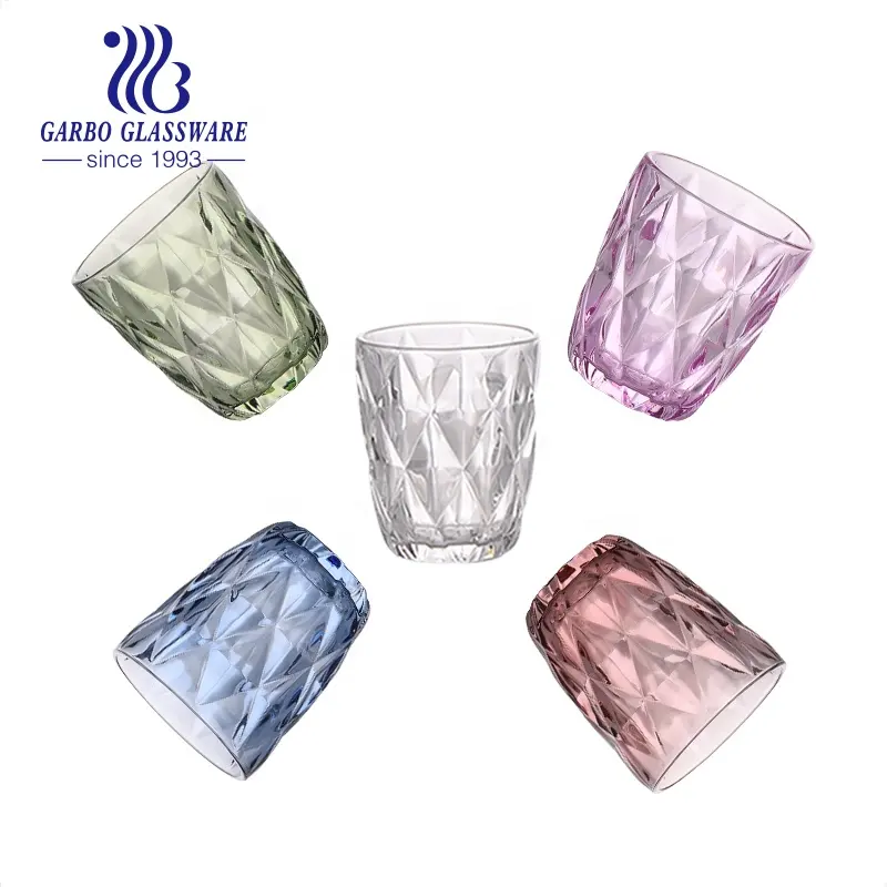 Copos de vidro colorido design de diamante, vidro em relevo personalizado, cores, spray, sem haste, vinho, vidro 240ml, máquina prensada