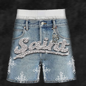 حجر مغسول بالأحجار الكريمة الكريستالية السوداء بلينغ تصميم خاص طول الركبة البضائع فضفاض مضيئة ، Jorts خمر - Product Image 3