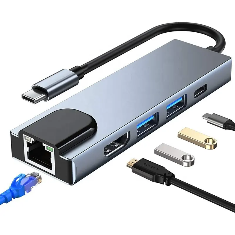 5 In 1 4K HDMI Adapter USB-C USB C Hub Type C To HDMI 4K USB 3.0 2.0 1000Mbps Gigabit Ethernet PD Charging Hub Adapter Converter