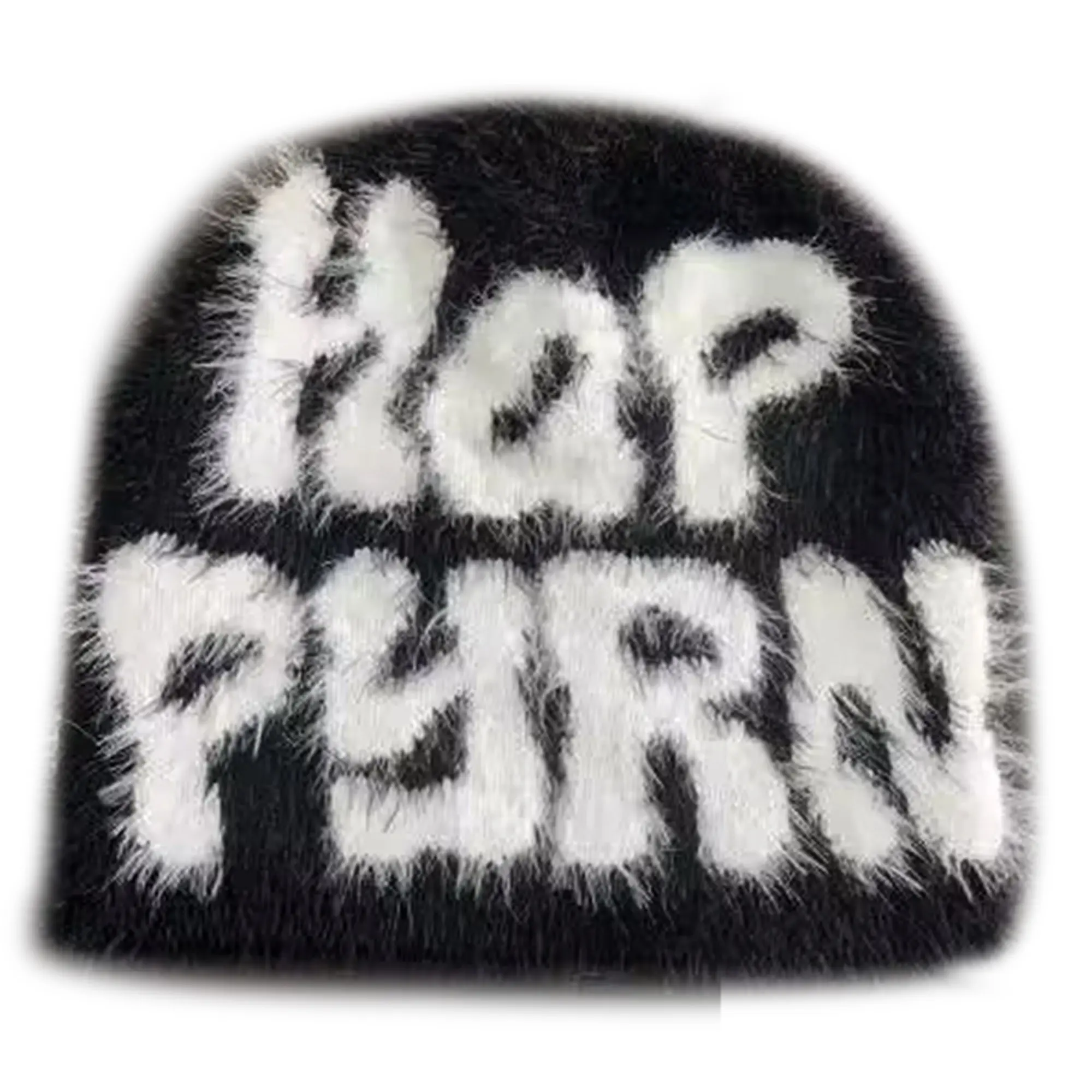 Nuovo Design personalizzato cappello lavorato a maglia invernale All Over Logo berretti berretto mohari in pelliccia sintetica Jacquard lavorato a maglia di alta qualità