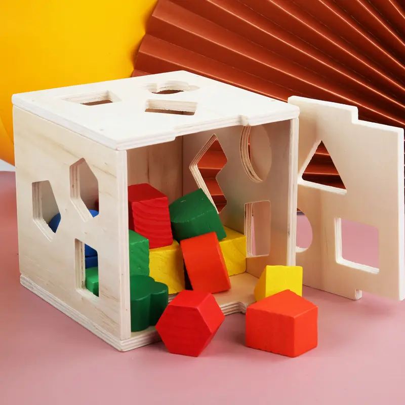 Klasik çocuklar eğitim 15 adet geometrik sıralama tanıma küp kutusu aktivite bebek yuva eşleştirme şekli ahşap oyuncak